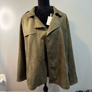 Tahari Olive Green Faux Suede Leather Drape Front Waterfall Jacket Moss Green